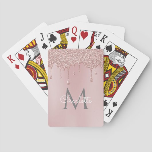 Roze Glitter schrijft Monogram Girly Script Pokerkaarten (Achterkant)