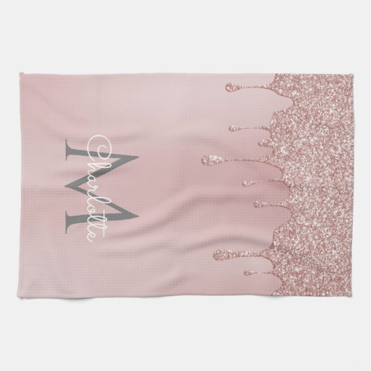 Roze Glitter schrijft Monogram Girly Script Theedoek (Horizontaal)