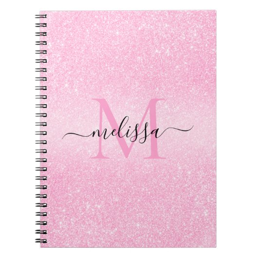 Roze Glitter Script Name Monogram Notitieboek (Voorkant)