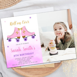 Roze Glitter Skating Birthday Invitations w foto Kaart