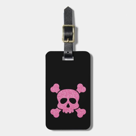Roze Glitter Skull en Crossbones op Zwart Bagagelabel (Voorkant verticaal)