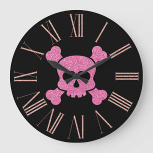 Roze Glitter Skull en Crossbones op Zwart Grote Klok