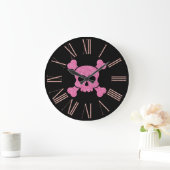 Roze Glitter Skull en Crossbones op Zwart Grote Klok (Huis)