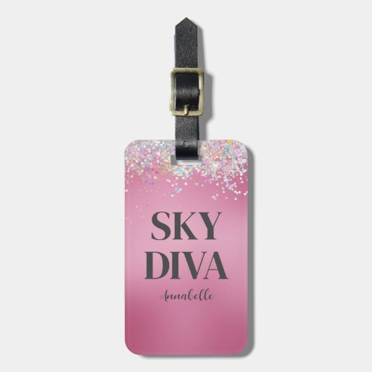 Roze Glitter Sky Diva Bagagelabel (Voorkant verticaal)