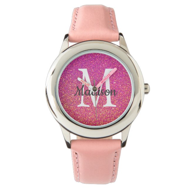Roze Glitter Sparkle Monogram Naam Horloge (Voorkant)