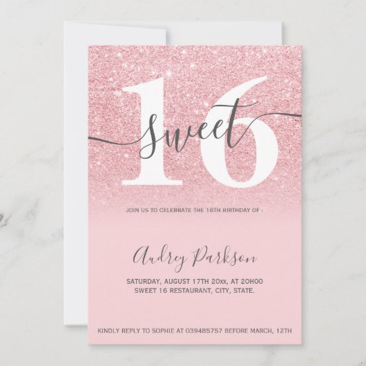Roze glitter sparkles ombre girly script Sweet 16 Kaart (Voorkant)