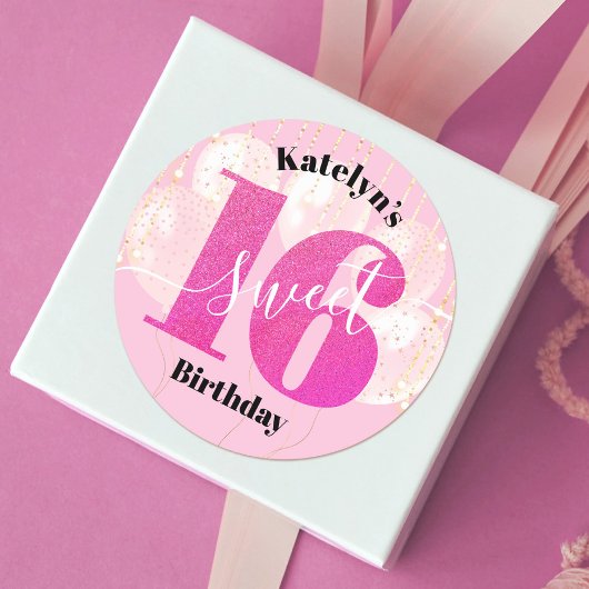 Roze Glitter Sweet 16 Birthday Balloons Script Ronde Sticker