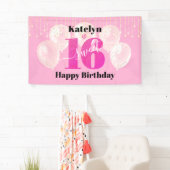 Roze Glitter Sweet 16 Birthday Balloons Script Spandoek (Insitu)