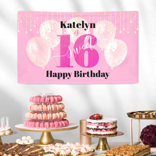 Roze Glitter Sweet 16 Birthday Balloons Script Spandoek