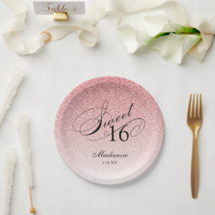 Roze Glitter Sweet 16 gepersonaliseerd Papieren Bordje