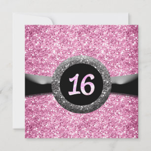 Roze Glitter Sweet 16 Lint Embleem Uitnodiging