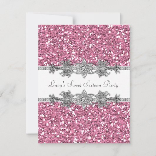 Roze Glitter Sweet 16 Party Kaart (Voorkant)