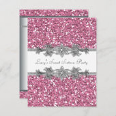 Roze Glitter Sweet 16 Party Kaart (Voorkant / Achterkant)