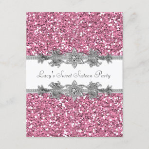 Roze Glitter Sweet 16 Party Kaart