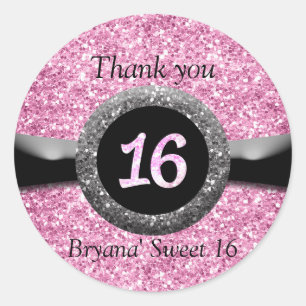 Roze Glitter Sweet 16 Verjaardagsfeest Favor Stick Ronde Sticker