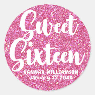 Roze Glitter Sweet Sixteen Gepersonaliseerde Stick Ronde Sticker