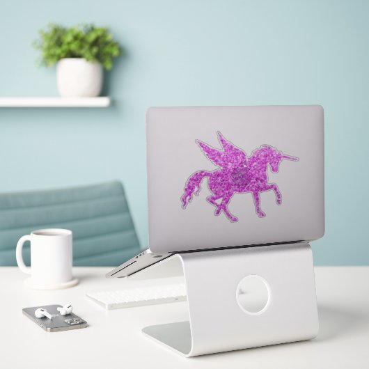 Roze Glitter Unicorn Sticker (Laptop op bureau)