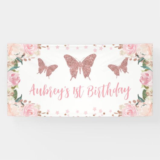 Roze glitter Vlinder Verjaardag Achtergrond Banner (Horizontaal)