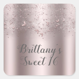 Roze Glitter Vlindervlucht Zoete 16 Feestje Vierkante Sticker