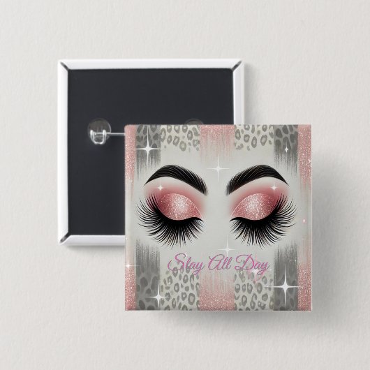 Roze glitter wimpers vierkante button 5,1 cm (Voorkant /achterkant)