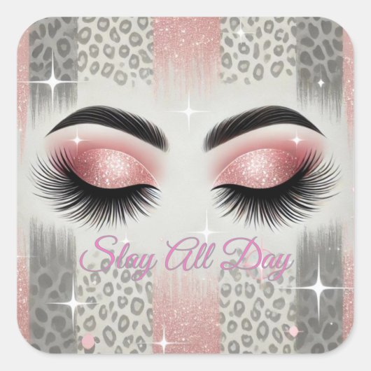 Roze glitter wimpers vierkante sticker (Voorkant)