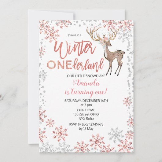 Roze Glitter Winter Birthday Uitnodiging (Voorkant)