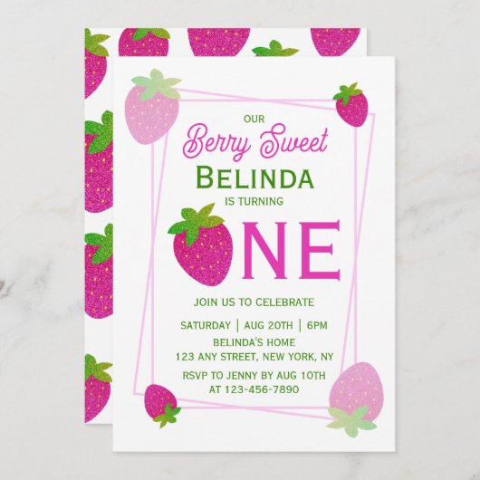 Roze Glitter Y2K Aardbei 1e Verjaardag Kaart (Voorkant / Achterkant)