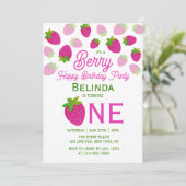 Roze Glitter Y2K Aardbei 1e Verjaardag Kaart (Staand voorkant)