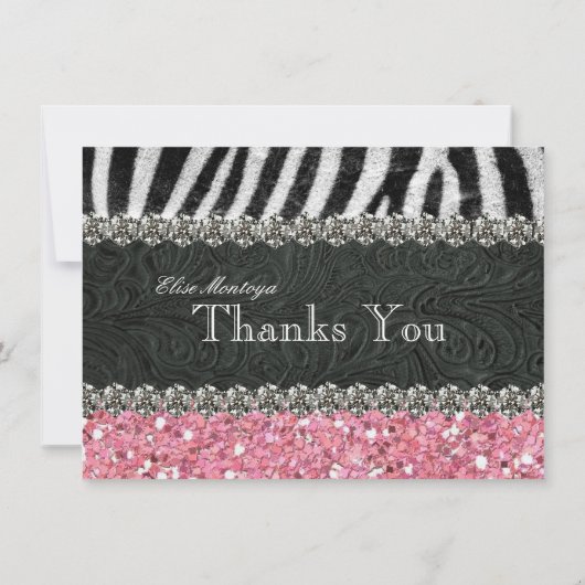 Roze Glitter Zebra Gepersonaliseerd Dank u Bedankkaart (Achterkant)