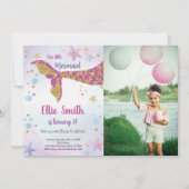 Roze Glitter Zeemeermin Verjaardag Uitnodiging (Voorkant)