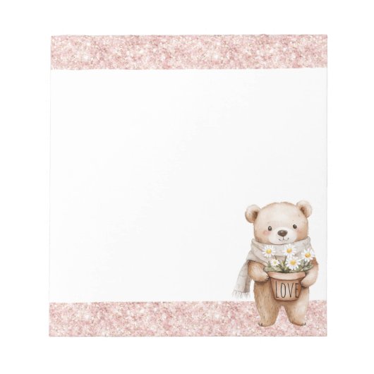 Roze Glitter Zoete Beer Margriet Bloemen Notitieblok (Voorkant)