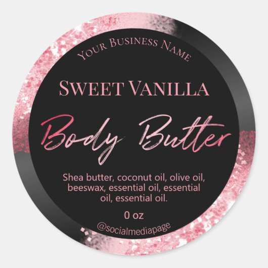 Roze Glitter Zwart Body Butter Labels (Voorkant)