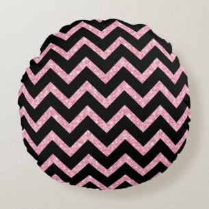 Roze Glitter Zwart Chevron Zigzag Patroon Rond Kussen
