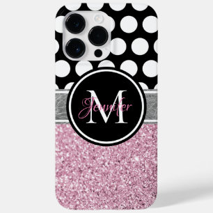 Roze Glitter Zwart en Wit Stippen Monogram Case-Mate iPhone 14 Pro Max Hoesje