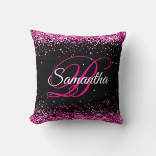 Roze Glitter Zwarte Fantasie Monogram Kussen