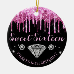 Roze Glitterdruppel Diamant Sweet Sixteen Keramisch Ornament