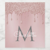 Roze Glitterdruppels Monogram Elegante Script Wijn Etiket (Enkel label)