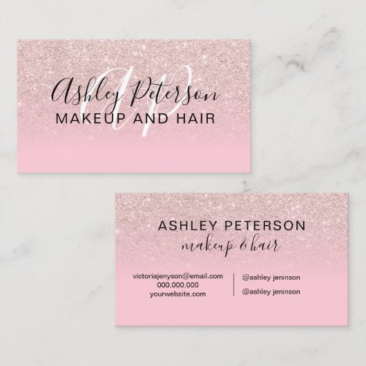 Roze glittergradiënt snoep monogram make-up haar visitekaartje (Voorkant / Achterkant)