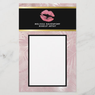 Roze glitterlips en Roos Gold tropische bladeren Briefpapier