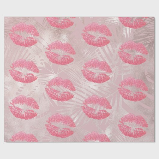 Roze glitterlips en Roos Gold tropische bladeren Cadeaupapier (Vlak)