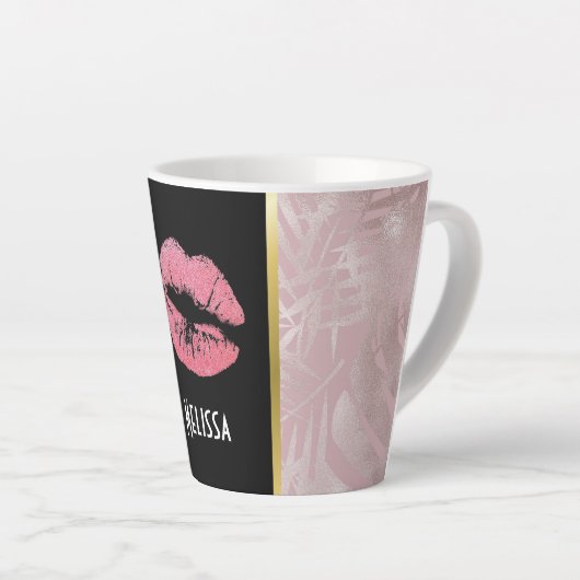 Roze glitterlips en Roos Gold tropische bladeren Latte Mok (Rechterhoek)