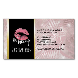 Roze glitterlips en Roos Gold tropische bladeren Magnetisch Visitekaartje