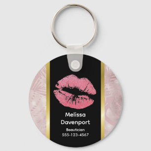 Roze glitterlips en Roos Gold tropische bladeren Sleutelhanger