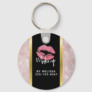 Roze glitterlips en Roos Gold tropische bladeren Sleutelhanger