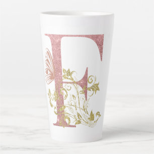 Roze glitters bloemenletter F Latte Mok