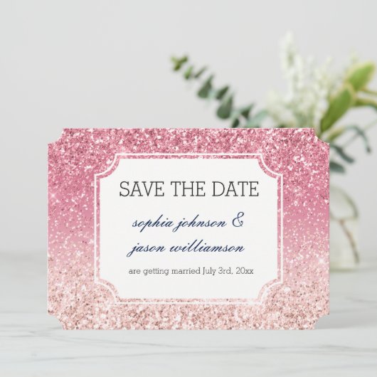 Roze glitters Glans save the date (Staand voorkant)