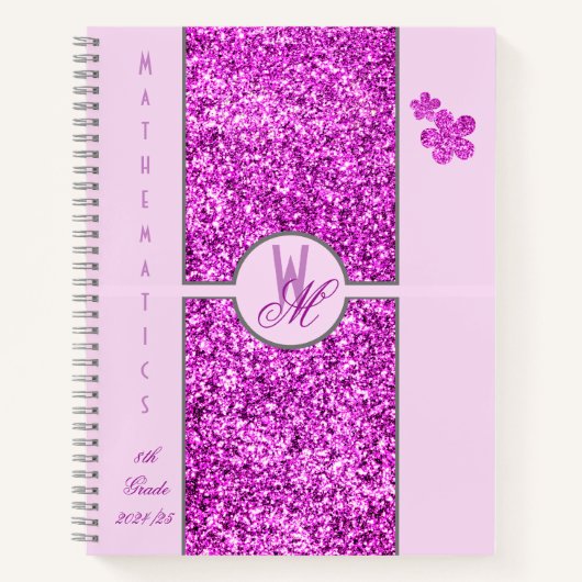 Roze glitters Monogram met bloemen Notitieboek (Voorkant)
