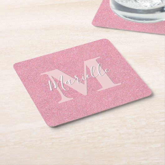 Roze glitters monogram naam vierkante kartonnen onderzetter (Schuin)
