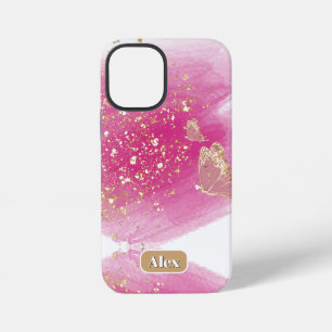 Roze glitters, vlinder & persoonlijke naam iPhone 12 mini hoesje