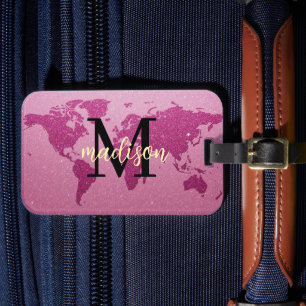 Roze glitters Wereldkaart Aangepaste Monogram Naam Bagagelabel